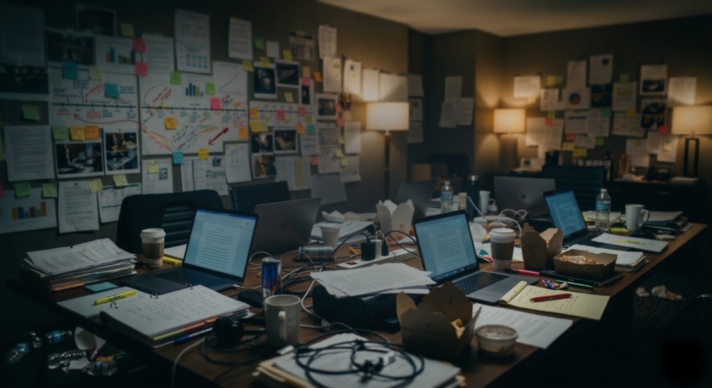 Trial team in a war room with laptops, documents, and exhibits preparing for court