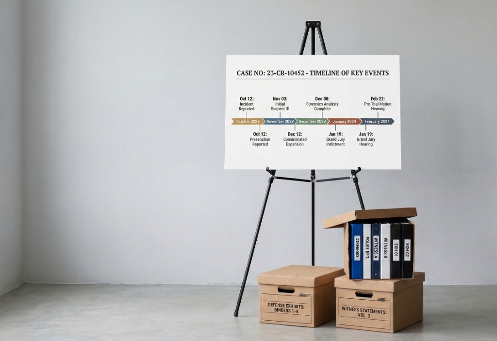 Exhibit boards, banker boxes, and trial binders prepared for court
