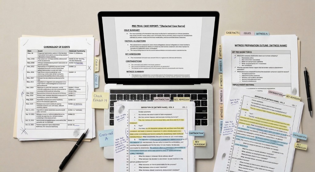 Pre-trial case preparation — transcripts, reports, deposition outlines, timelines