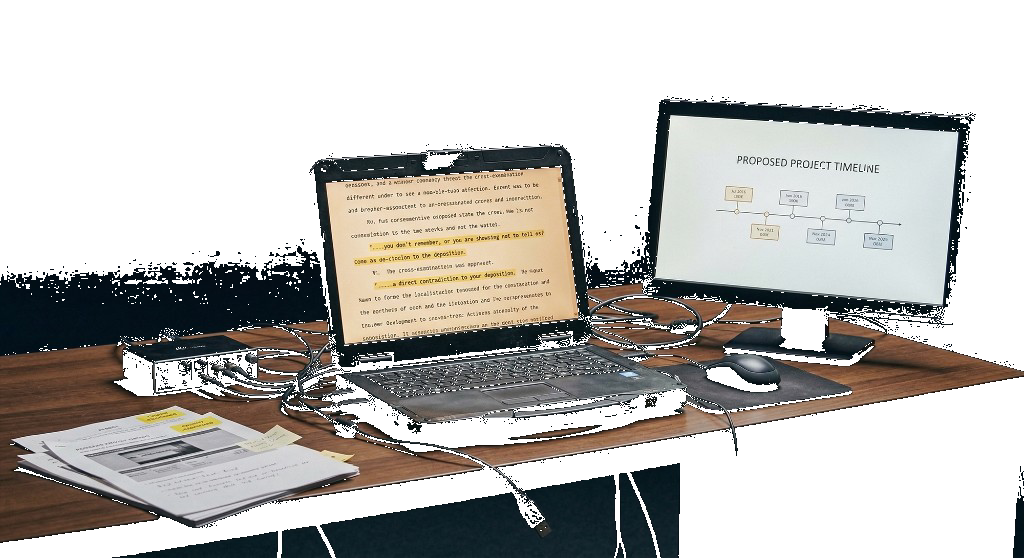 Trial execution setup — laptop, monitor, courtroom workstation