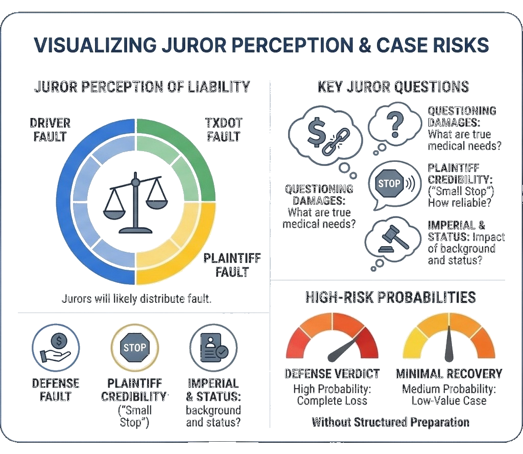 Infographic: Visualizing juror perception and case risks. Liability split among driver, TxDOT, and plaintiff; key juror questions on damages, credibility, and background; high-risk gauges for defense verdict and minimal recovery without structured preparation.